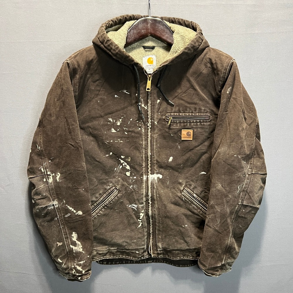 Carhartt Mens Brown Sherpa Lined Hooded Canvas Work Jacket Distressed Medium